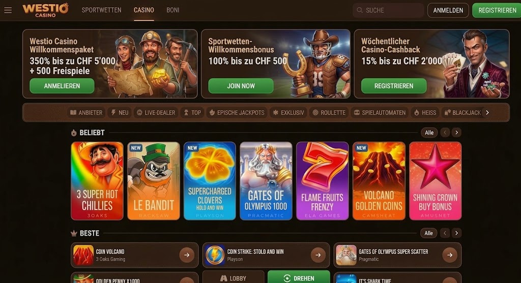 Overview of games showcased on the Westio Casino website, highlighting diverse gaming options.